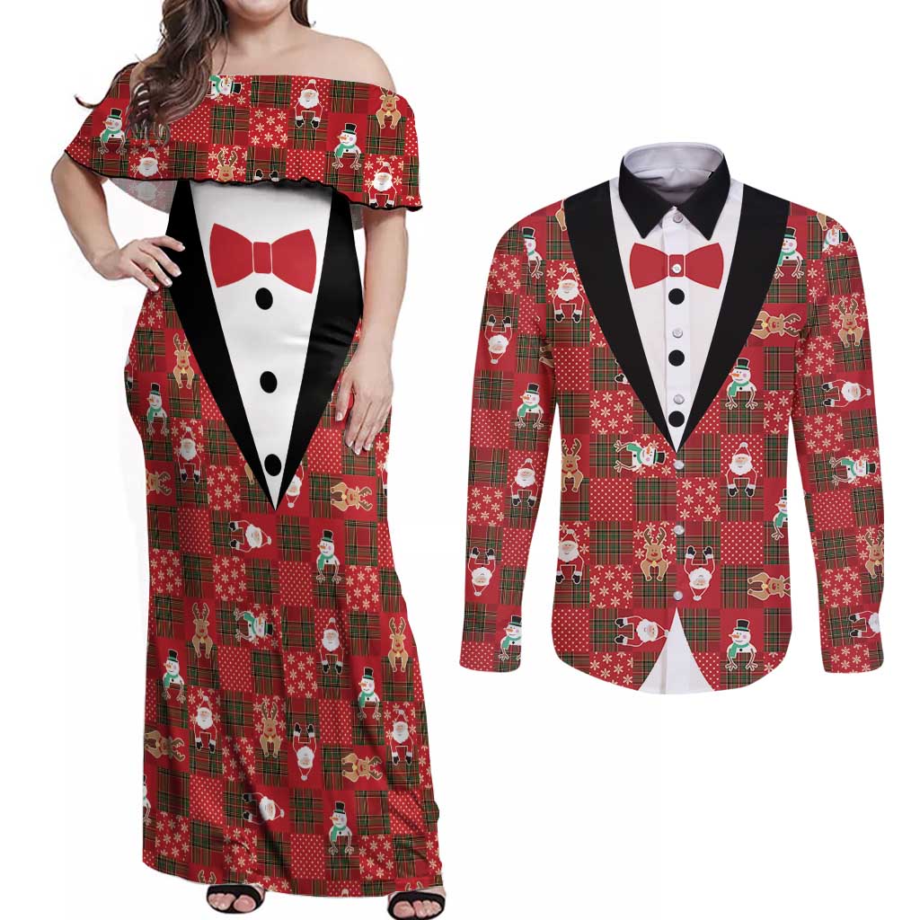 Christmas Patchwork Fake Tuxedo Couples Matching Off Shoulder Maxi Dress and Long Sleeve Button Shirt Santa and Reindeer Red Plaid Style - Wonder Print Shop