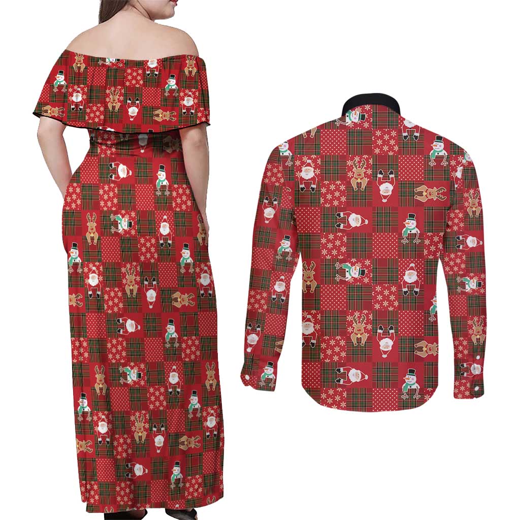 Christmas Patchwork Fake Tuxedo Couples Matching Off Shoulder Maxi Dress and Long Sleeve Button Shirt Santa and Reindeer Red Plaid Style - Wonder Print Shop
