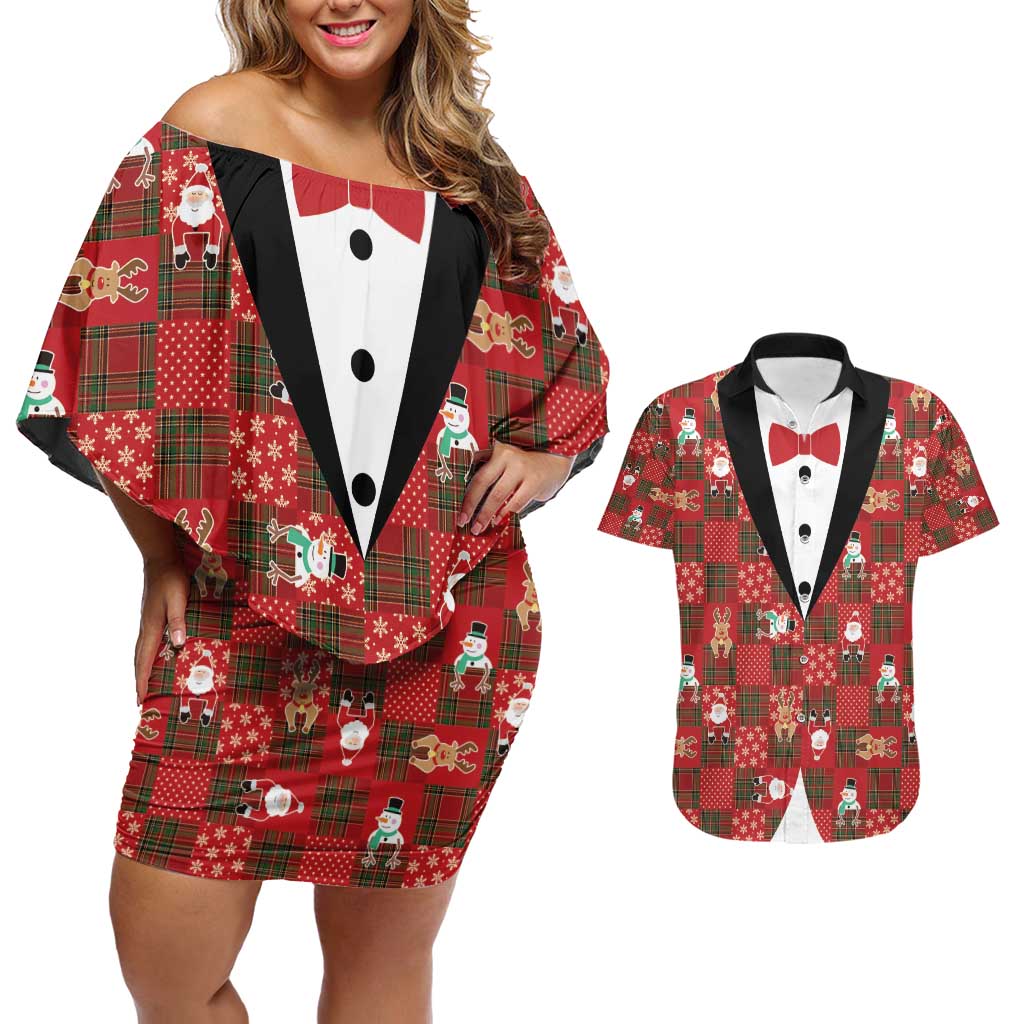 Christmas Patchwork Fake Tuxedo Couples Matching Off Shoulder Short Dress and Hawaiian Shirt Santa and Reindeer Red Plaid Style - Wonder Print Shop