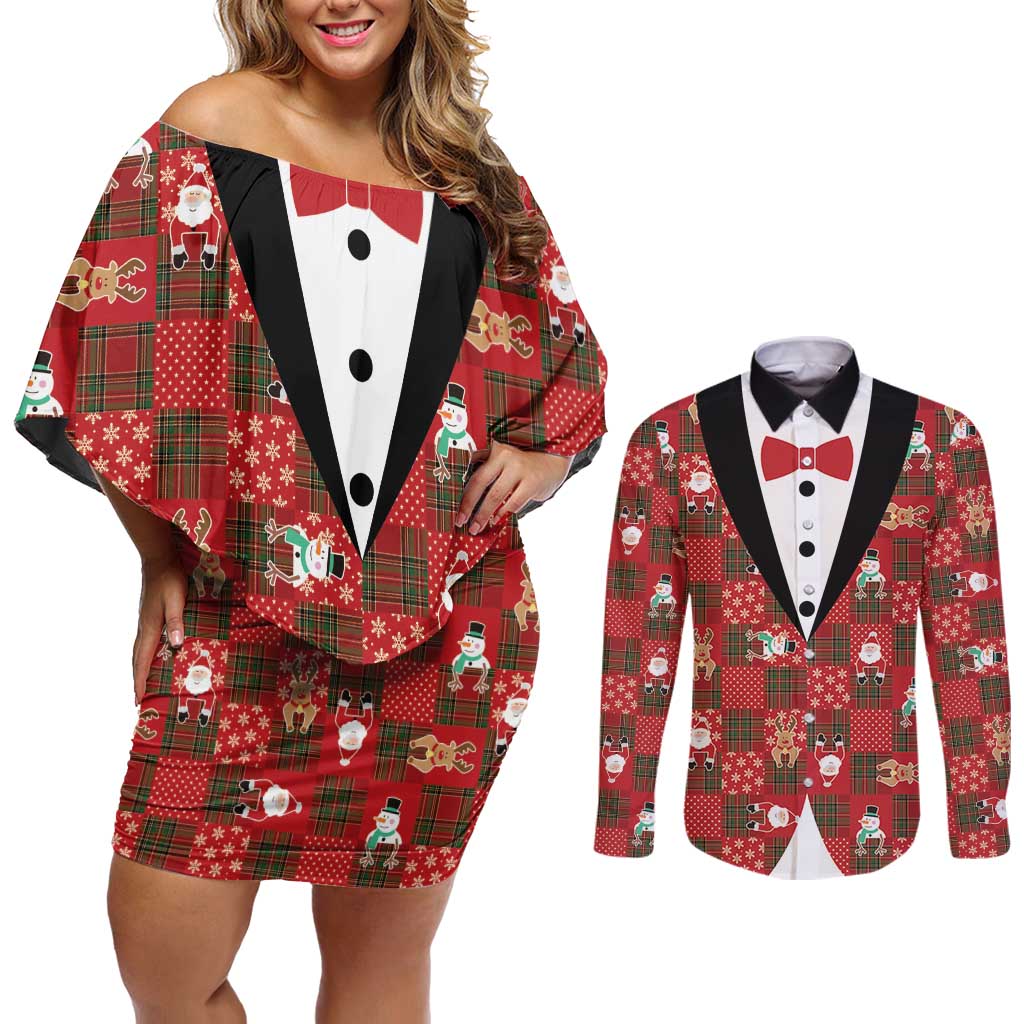 Christmas Patchwork Fake Tuxedo Couples Matching Off Shoulder Short Dress and Long Sleeve Button Shirt Santa and Reindeer Red Plaid Style - Wonder Print Shop
