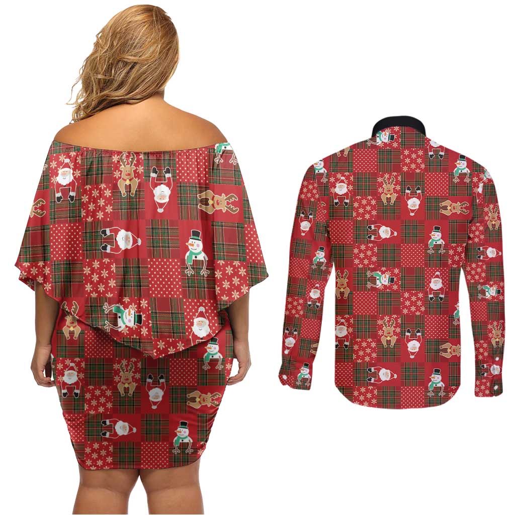 Christmas Patchwork Fake Tuxedo Couples Matching Off Shoulder Short Dress and Long Sleeve Button Shirt Santa and Reindeer Red Plaid Style - Wonder Print Shop