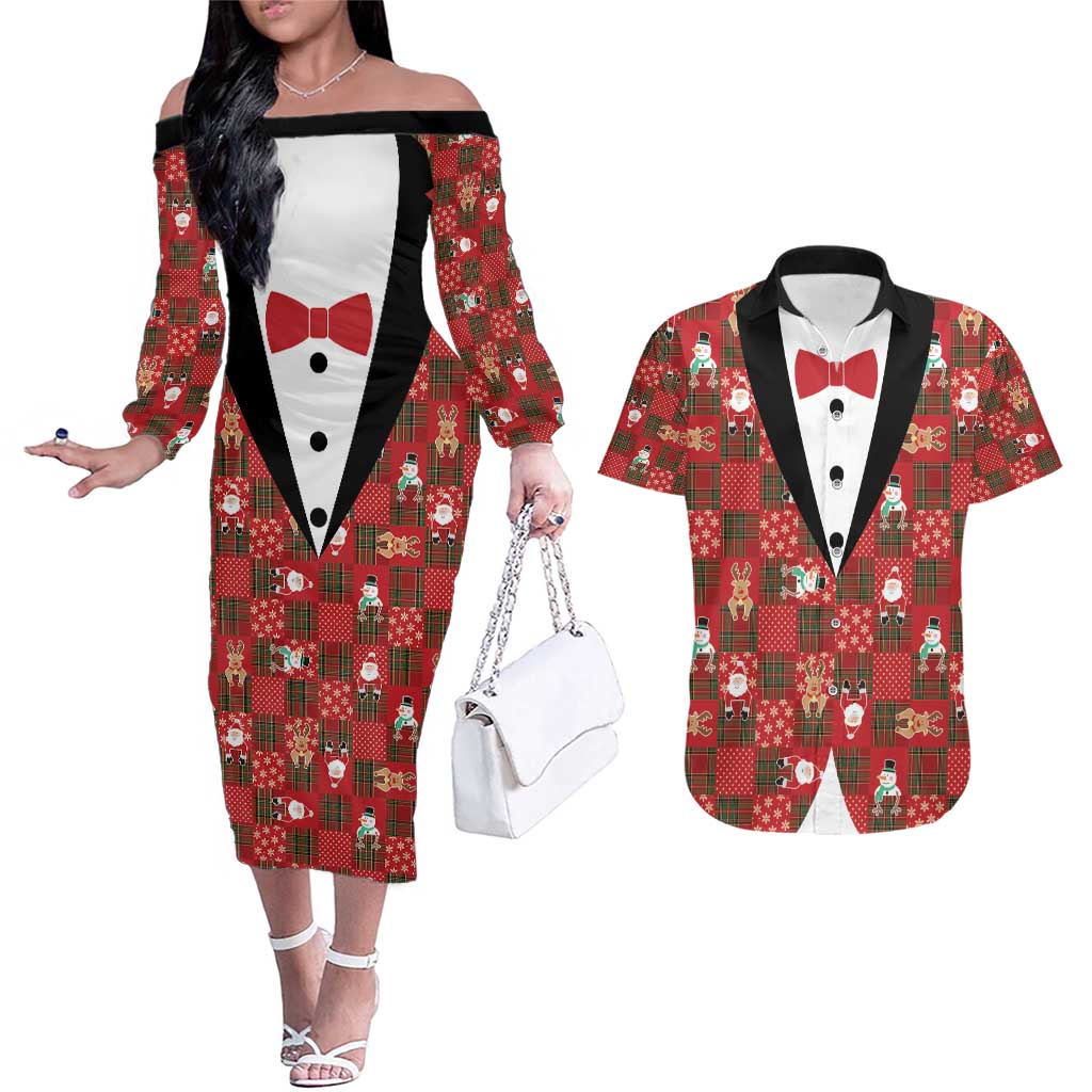 Christmas Patchwork Fake Tuxedo Couples Matching Off The Shoulder Long Sleeve Dress and Hawaiian Shirt Santa and Reindeer Red Plaid Style - Wonder Print Shop
