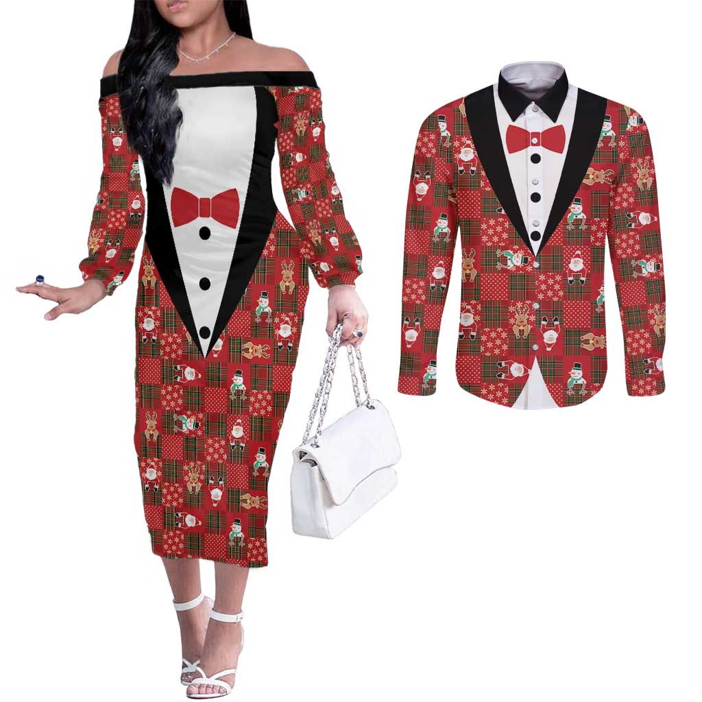 Christmas Patchwork Fake Tuxedo Couples Matching Off The Shoulder Long Sleeve Dress and Long Sleeve Button Shirt Santa and Reindeer Red Plaid Style - Wonder Print Shop