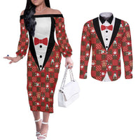 Christmas Patchwork Fake Tuxedo Couples Matching Off The Shoulder Long Sleeve Dress and Long Sleeve Button Shirt Santa and Reindeer Red Plaid Style - Wonder Print Shop