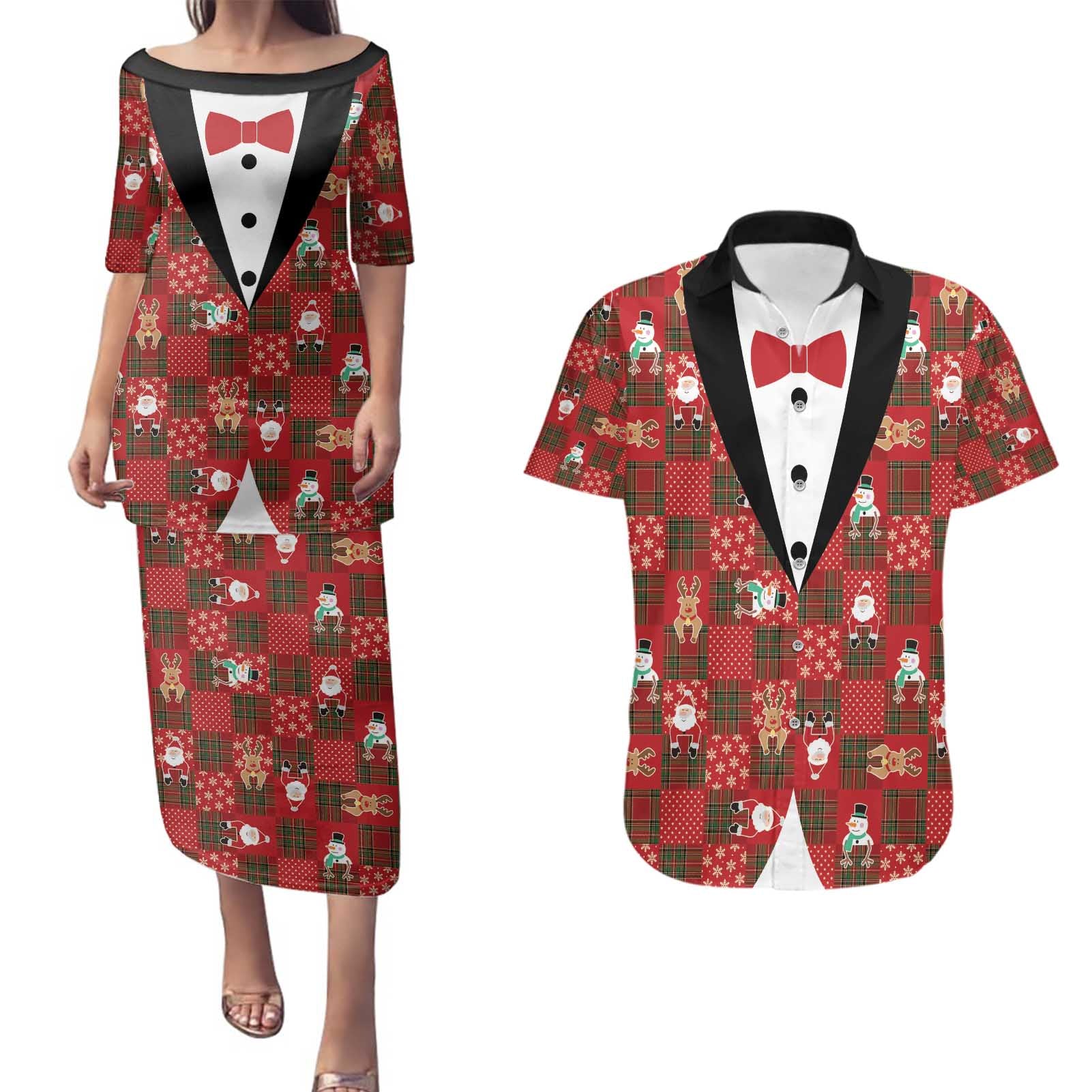 Christmas Patchwork Fake Tuxedo Couples Matching Puletasi and Hawaiian Shirt Santa and Reindeer Red Plaid Style - Wonder Print Shop
