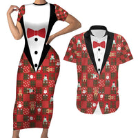 Christmas Patchwork Fake Tuxedo Couples Matching Short Sleeve Bodycon Dress and Hawaiian Shirt Santa and Reindeer Red Plaid Style - Wonder Print Shop