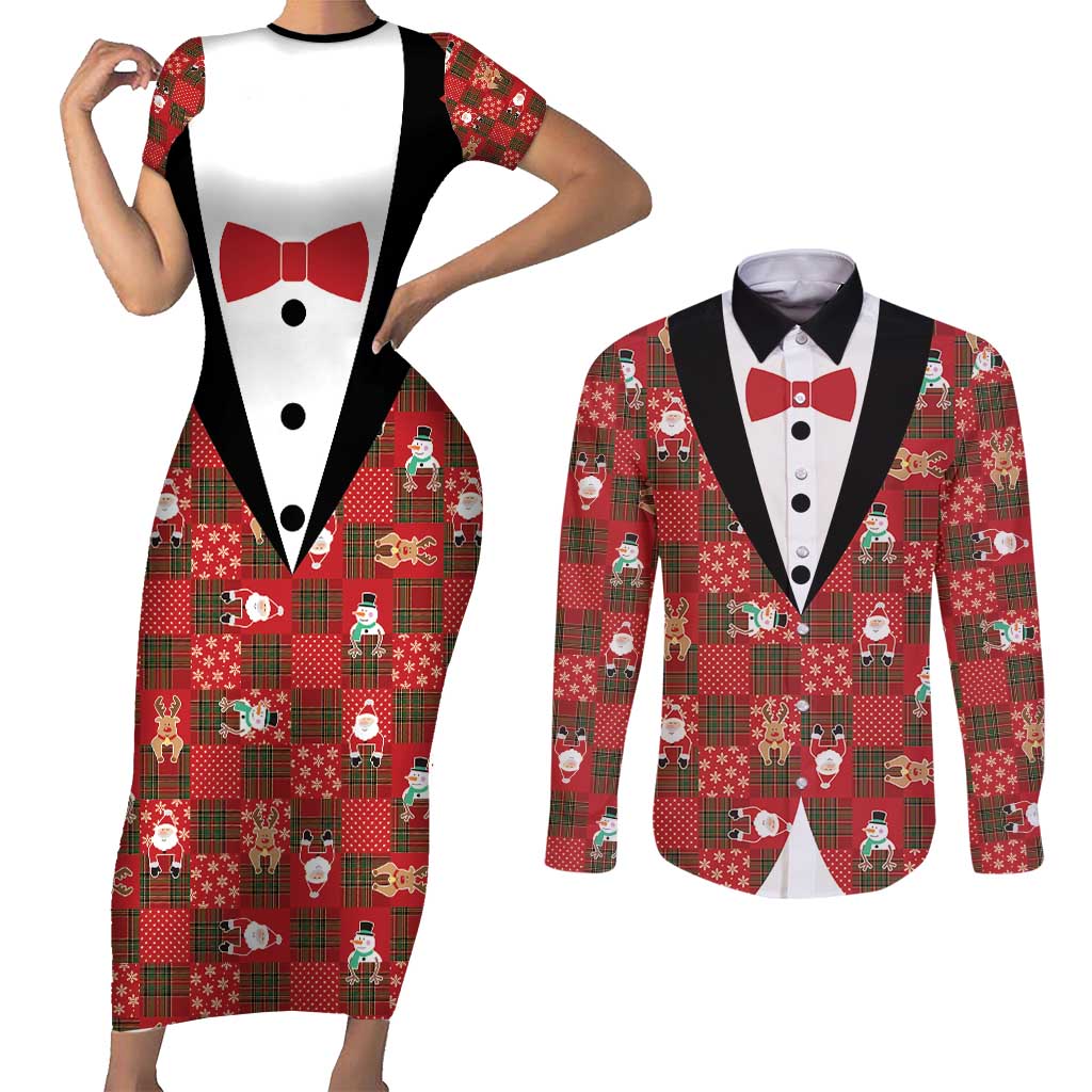Christmas Patchwork Fake Tuxedo Couples Matching Short Sleeve Bodycon Dress and Long Sleeve Button Shirt Santa and Reindeer Red Plaid Style - Wonder Print Shop