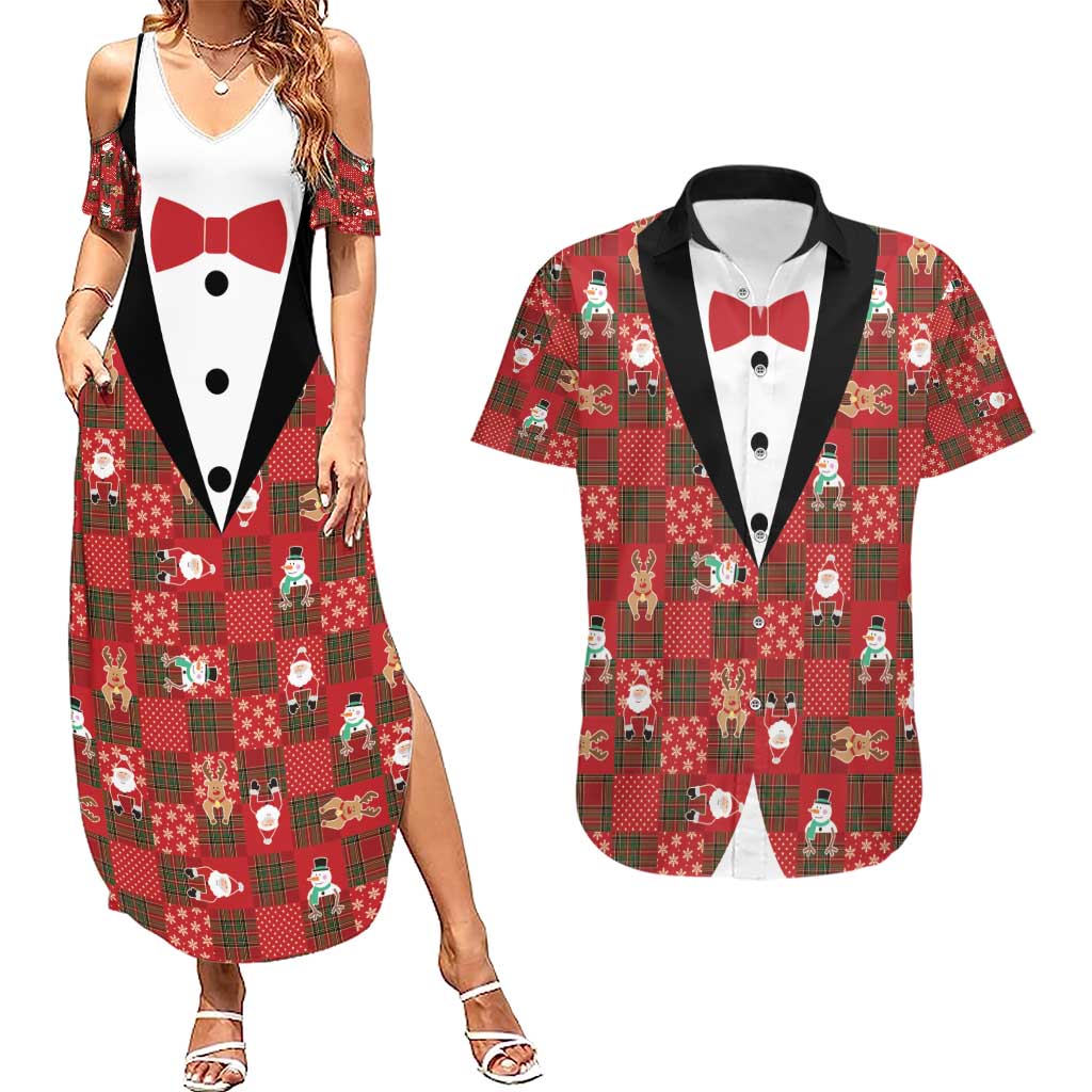 Christmas Patchwork Fake Tuxedo Couples Matching Summer Maxi Dress and Hawaiian Shirt Santa and Reindeer Red Plaid Style - Wonder Print Shop