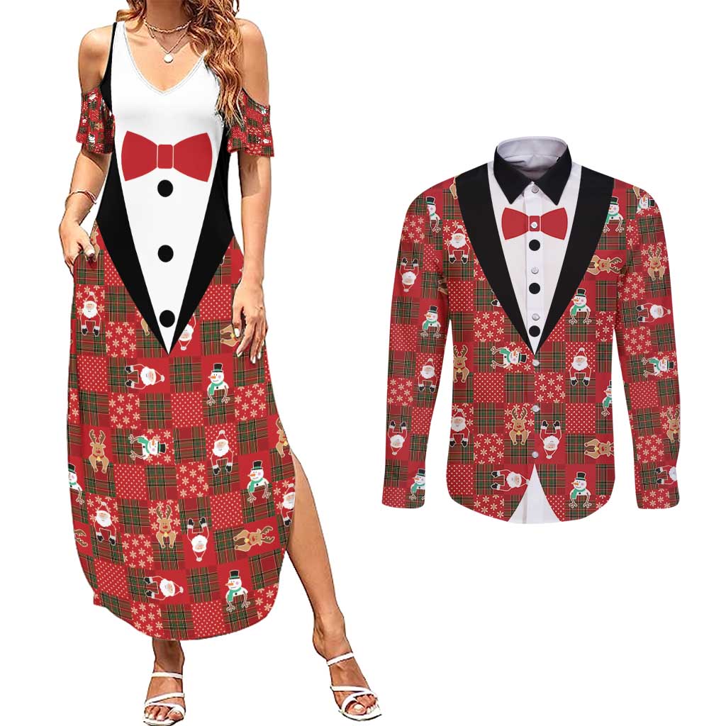 Christmas Patchwork Fake Tuxedo Couples Matching Summer Maxi Dress and Long Sleeve Button Shirt Santa and Reindeer Red Plaid Style - Wonder Print Shop