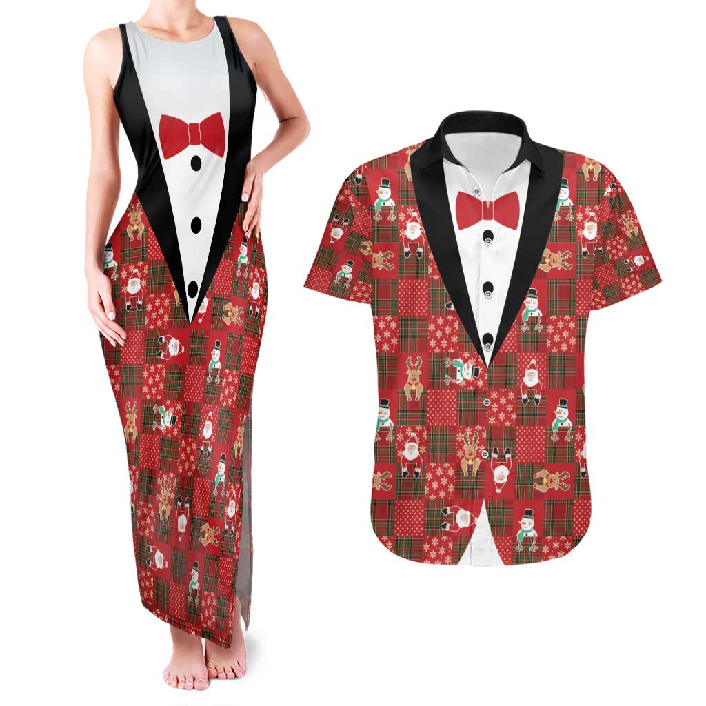 Christmas Patchwork Fake Tuxedo Couples Matching Tank Maxi Dress and Hawaiian Shirt Santa and Reindeer Red Plaid Style - Wonder Print Shop