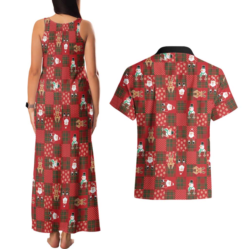 Christmas Patchwork Fake Tuxedo Couples Matching Tank Maxi Dress and Hawaiian Shirt Santa and Reindeer Red Plaid Style - Wonder Print Shop