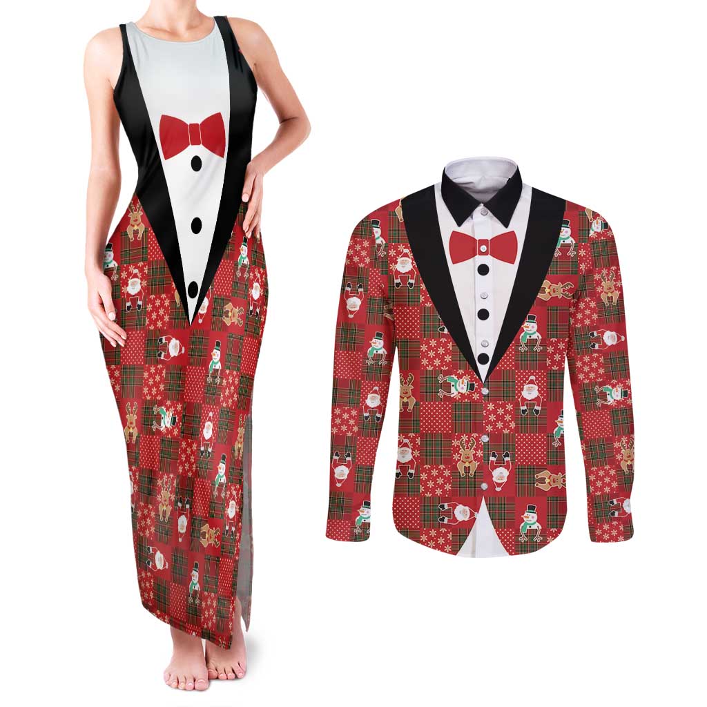 Christmas Patchwork Fake Tuxedo Couples Matching Tank Maxi Dress and Long Sleeve Button Shirt Santa and Reindeer Red Plaid Style - Wonder Print Shop