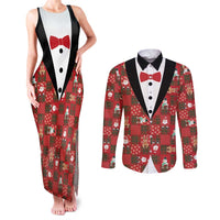 Christmas Patchwork Fake Tuxedo Couples Matching Tank Maxi Dress and Long Sleeve Button Shirt Santa and Reindeer Red Plaid Style - Wonder Print Shop