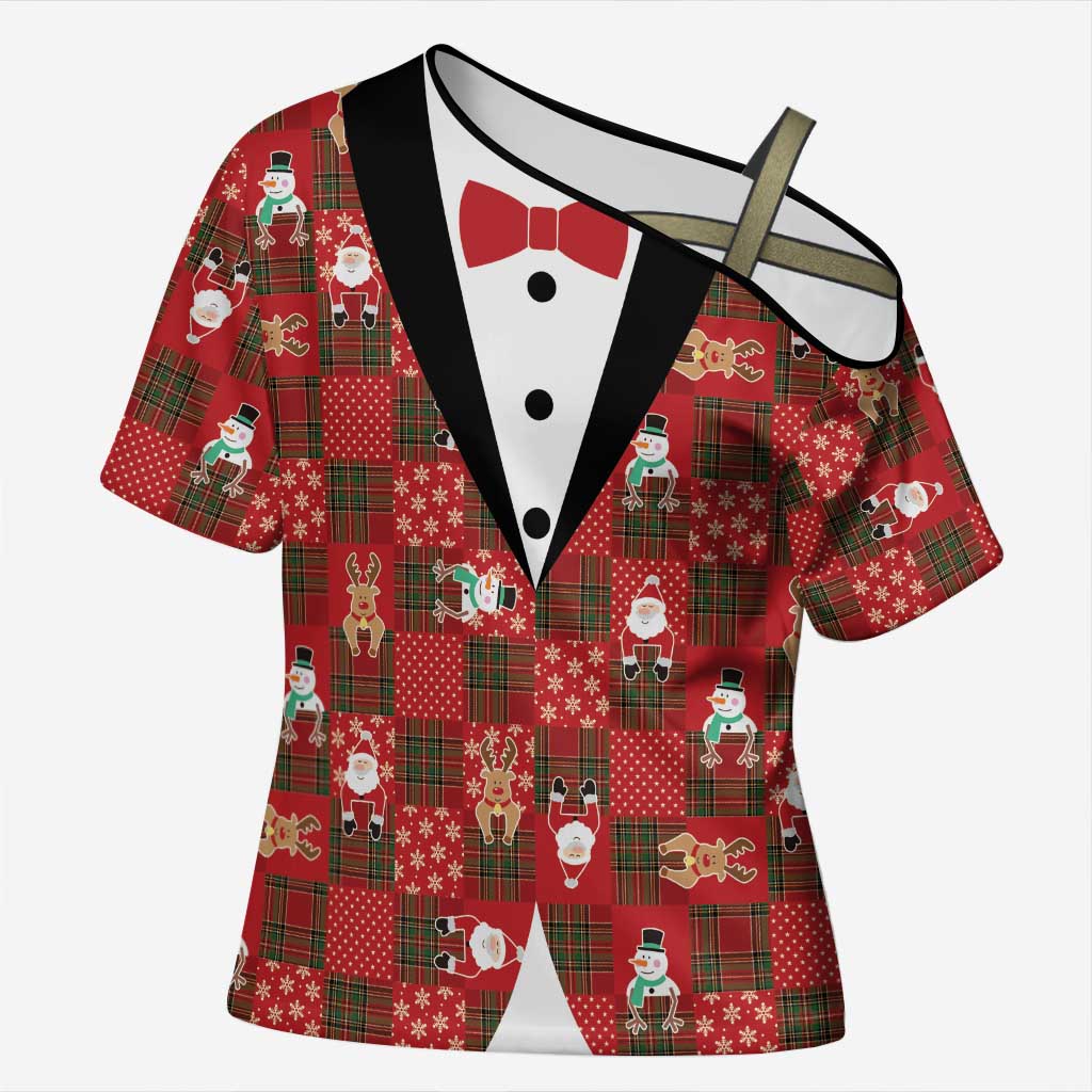 Christmas Patchwork Fake Tuxedo Cross Shoulder Shirt Santa and Reindeer Red Plaid Style - Wonder Print Shop