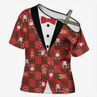 Christmas Patchwork Fake Tuxedo Cross Shoulder Shirt Santa and Reindeer Red Plaid Style - Wonder Print Shop