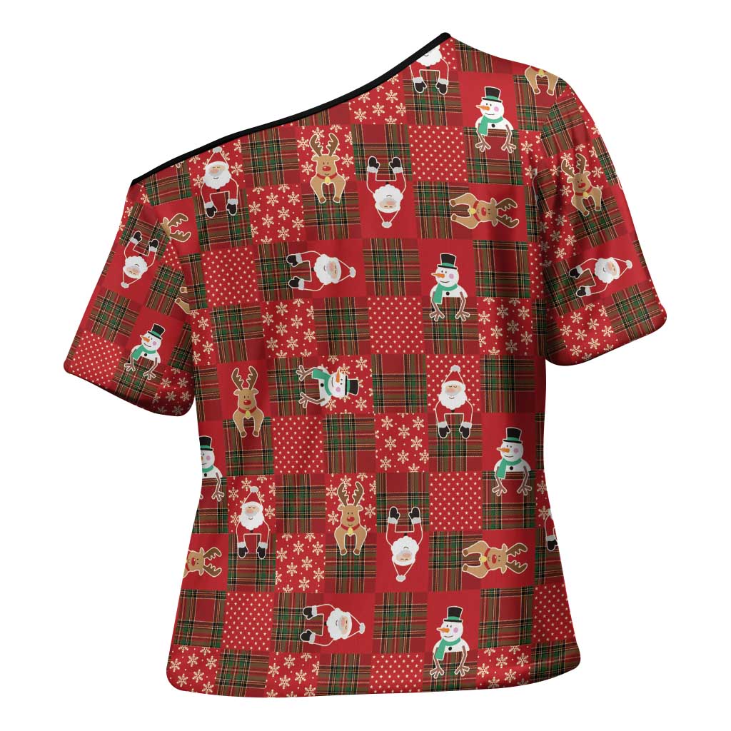 Christmas Patchwork Fake Tuxedo Cross Shoulder Shirt Santa and Reindeer Red Plaid Style - Wonder Print Shop