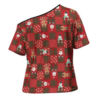 Christmas Patchwork Fake Tuxedo Cross Shoulder Shirt Santa and Reindeer Red Plaid Style - Wonder Print Shop