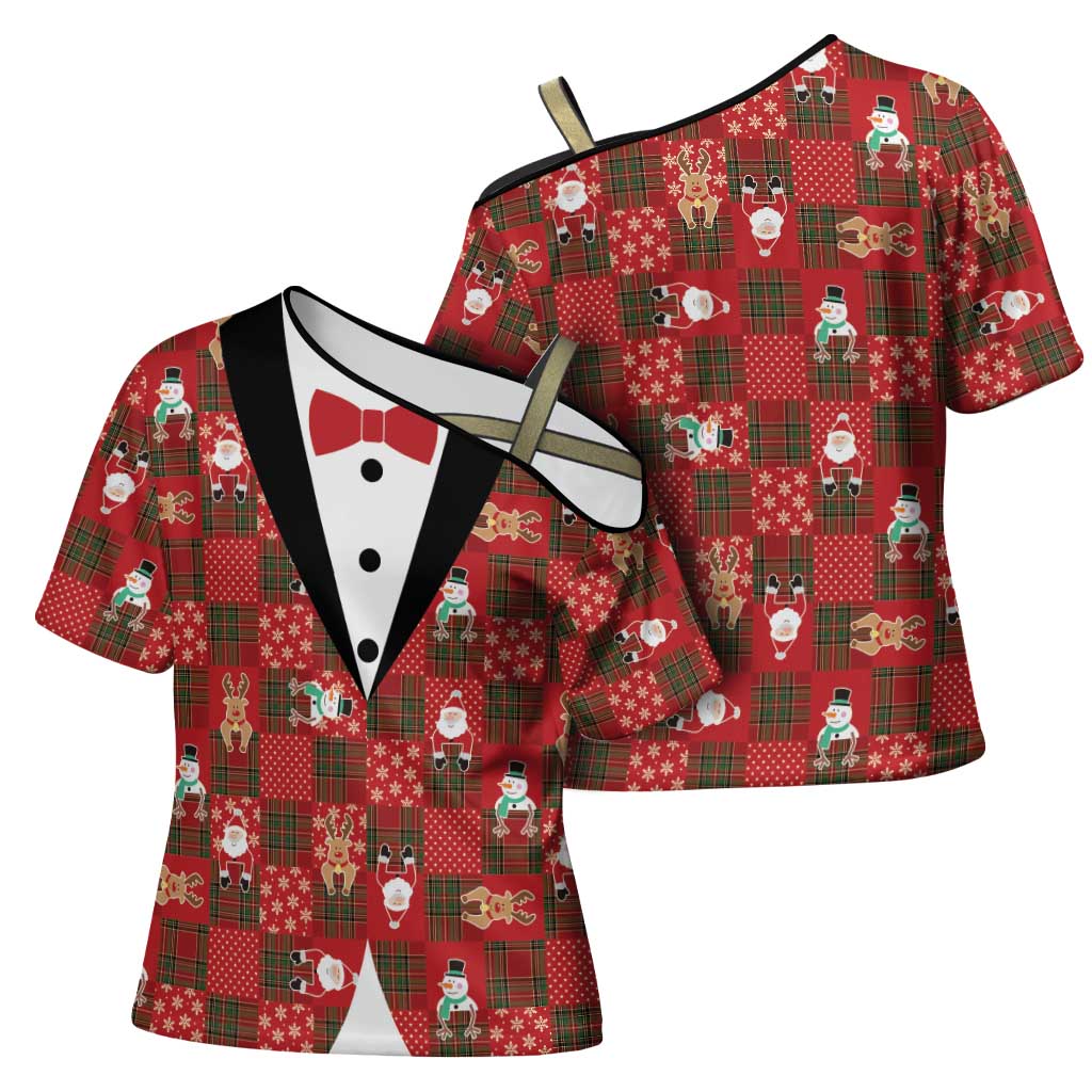 Christmas Patchwork Fake Tuxedo Cross Shoulder Shirt Santa and Reindeer Red Plaid Style - Wonder Print Shop