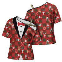 Christmas Patchwork Fake Tuxedo Cross Shoulder Shirt Santa and Reindeer Red Plaid Style - Wonder Print Shop