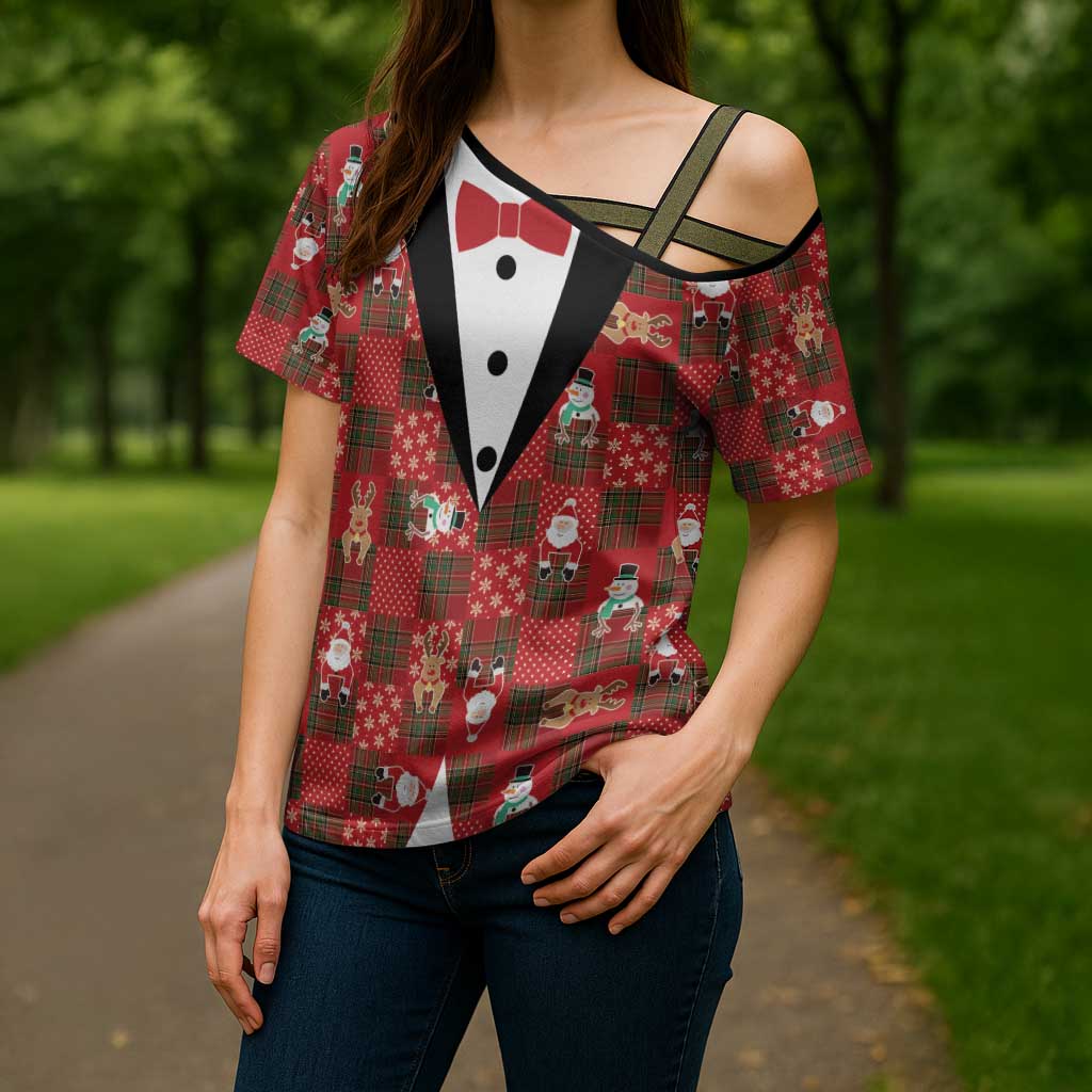 Christmas Patchwork Fake Tuxedo Cross Shoulder Shirt Santa and Reindeer Red Plaid Style - Wonder Print Shop