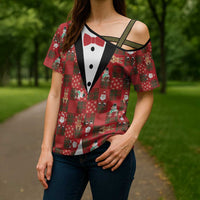 Christmas Patchwork Fake Tuxedo Cross Shoulder Shirt Santa and Reindeer Red Plaid Style - Wonder Print Shop