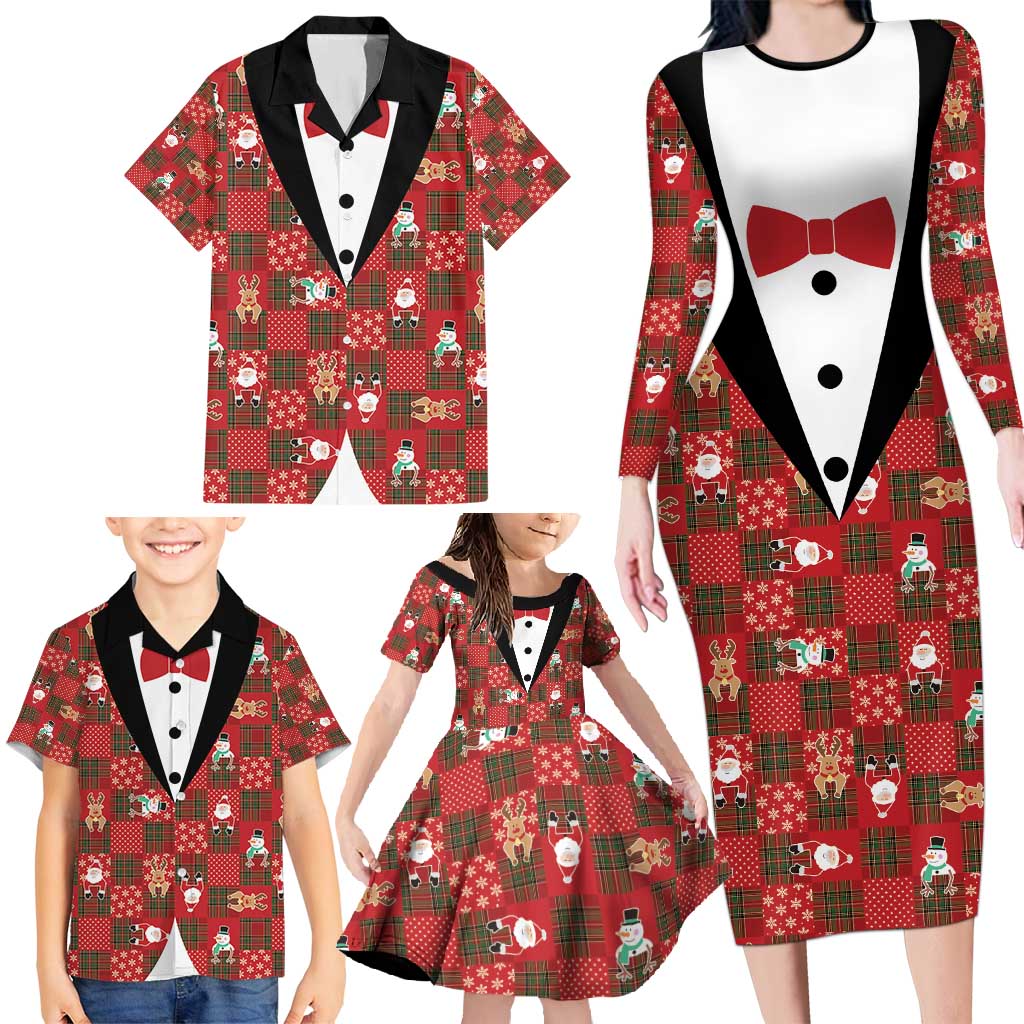 Christmas Patchwork Fake Tuxedo Family Matching Long Sleeve Bodycon Dress and Hawaiian Shirt Santa and Reindeer Red Plaid Style - Wonder Print Shop