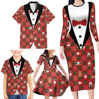 Christmas Patchwork Fake Tuxedo Family Matching Long Sleeve Bodycon Dress and Hawaiian Shirt Santa and Reindeer Red Plaid Style - Wonder Print Shop
