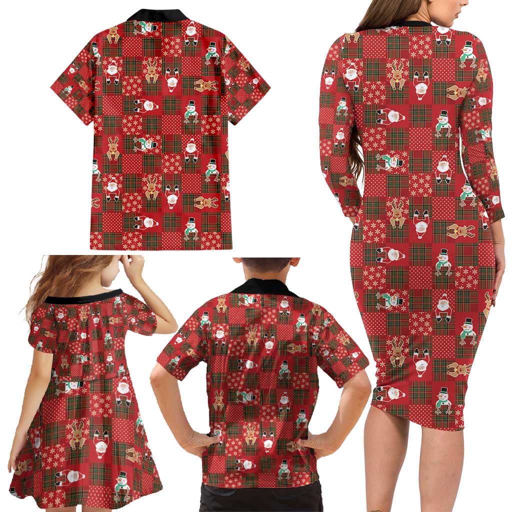Christmas Patchwork Fake Tuxedo Family Matching Long Sleeve Bodycon Dress and Hawaiian Shirt Santa and Reindeer Red Plaid Style - Wonder Print Shop