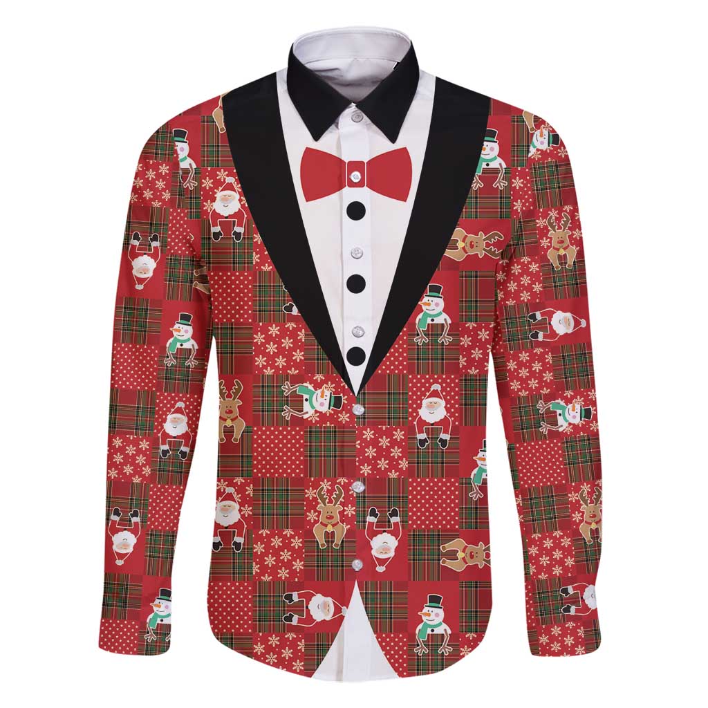 Christmas Patchwork Fake Tuxedo Family Matching Long Sleeve Bodycon Dress and Hawaiian Shirt Santa and Reindeer Red Plaid Style - Wonder Print Shop