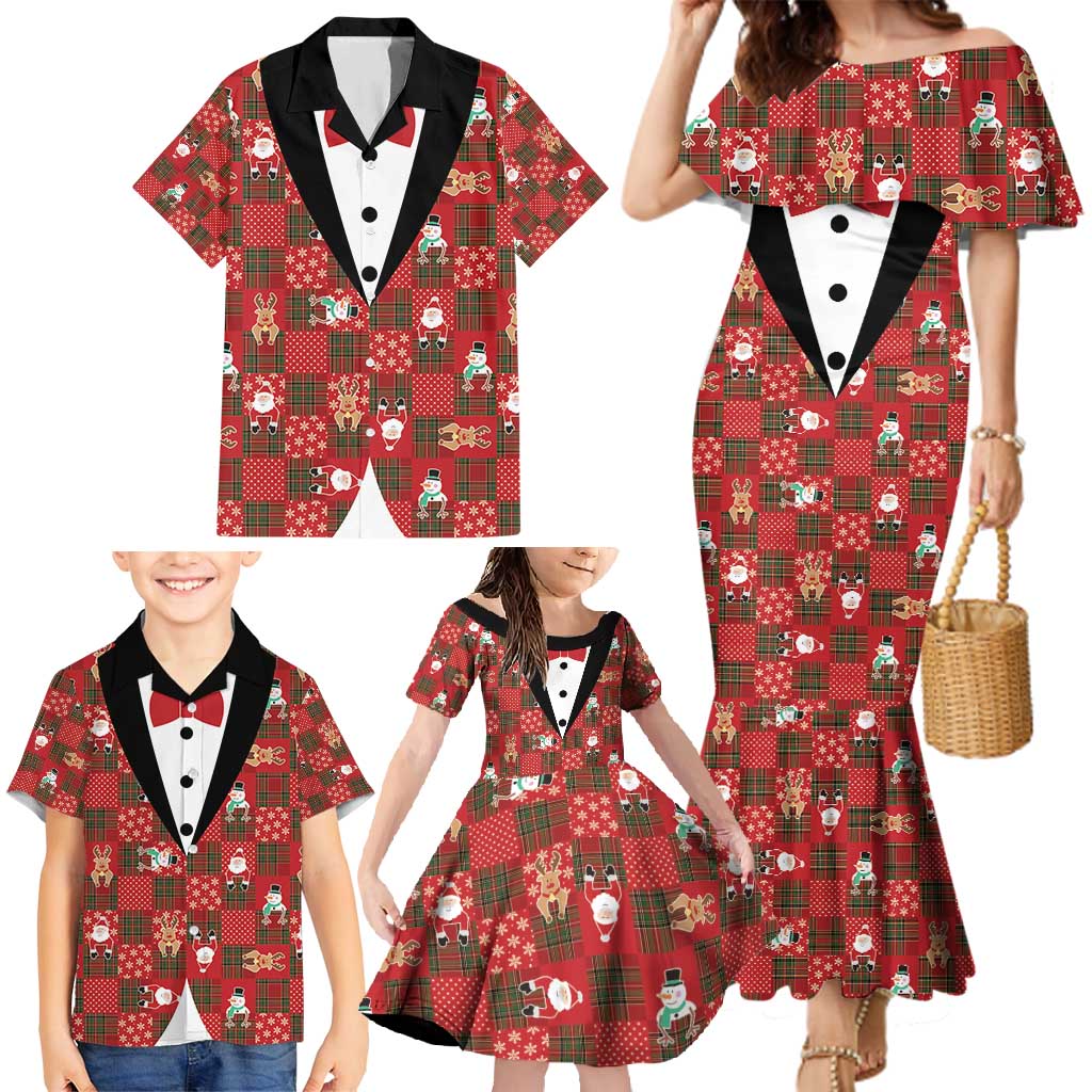 Christmas Patchwork Fake Tuxedo Family Matching Mermaid Dress and Hawaiian Shirt Santa and Reindeer Red Plaid Style - Wonder Print Shop