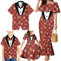 Christmas Patchwork Fake Tuxedo Family Matching Mermaid Dress and Hawaiian Shirt Santa and Reindeer Red Plaid Style - Wonder Print Shop