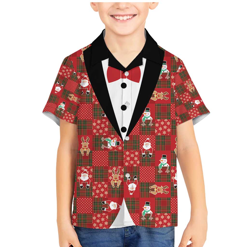 Christmas Patchwork Fake Tuxedo Family Matching Mermaid Dress and Hawaiian Shirt Santa and Reindeer Red Plaid Style - Wonder Print Shop