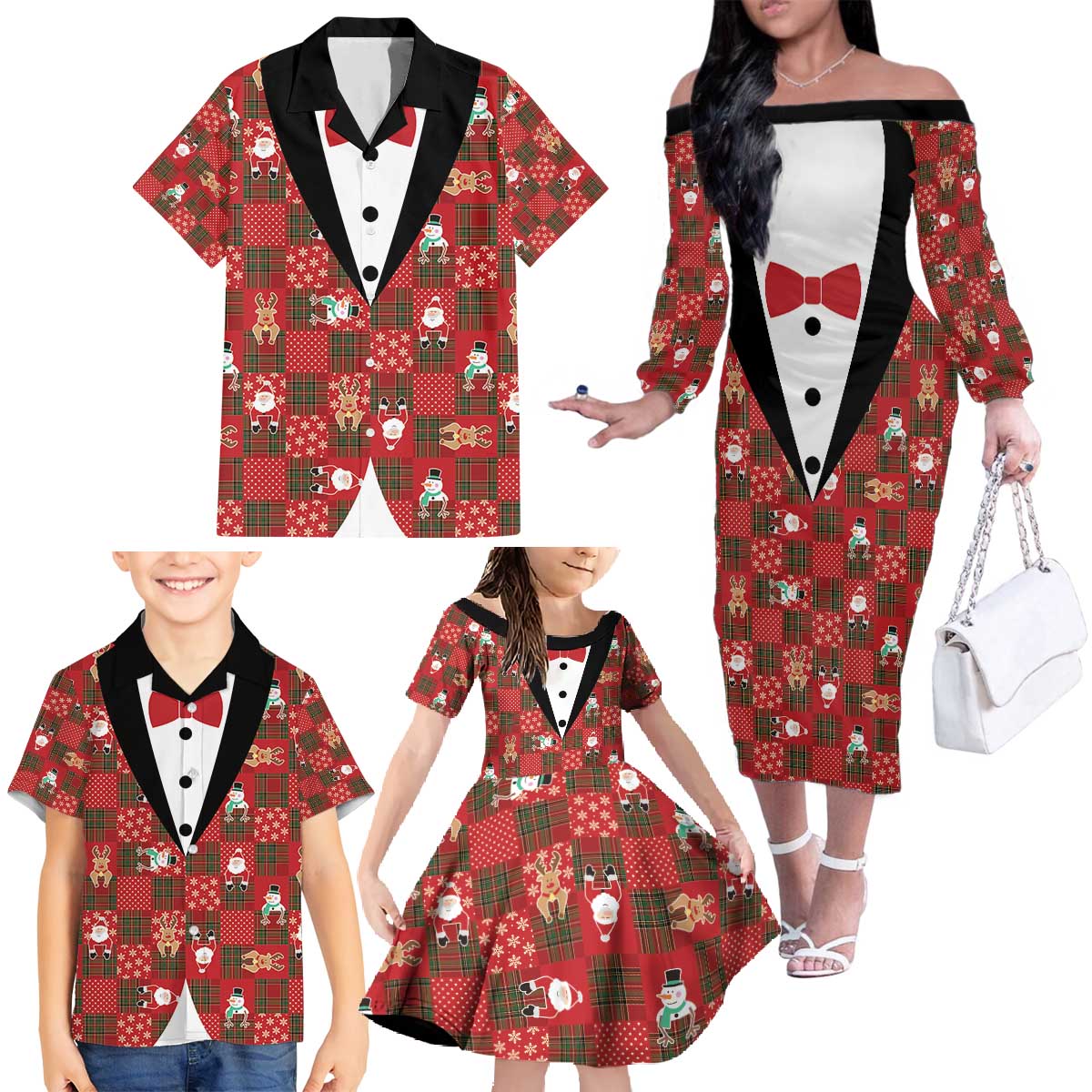 Christmas Patchwork Fake Tuxedo Family Matching Off The Shoulder Long Sleeve Dress and Hawaiian Shirt Santa and Reindeer Red Plaid Style - Wonder Print Shop