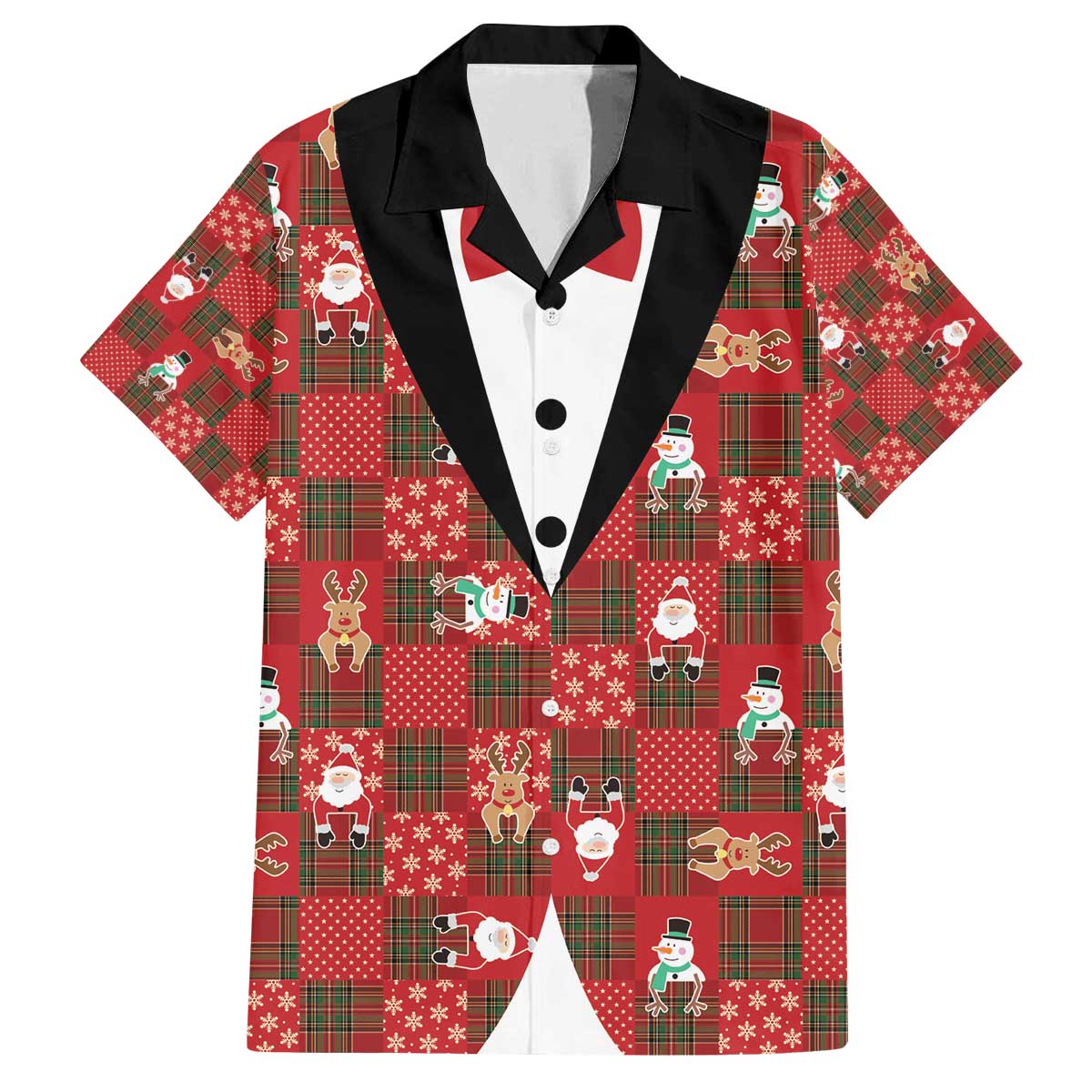 Christmas Patchwork Fake Tuxedo Family Matching Off The Shoulder Long Sleeve Dress and Hawaiian Shirt Santa and Reindeer Red Plaid Style - Wonder Print Shop