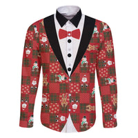 Christmas Patchwork Fake Tuxedo Family Matching Off The Shoulder Long Sleeve Dress and Hawaiian Shirt Santa and Reindeer Red Plaid Style - Wonder Print Shop