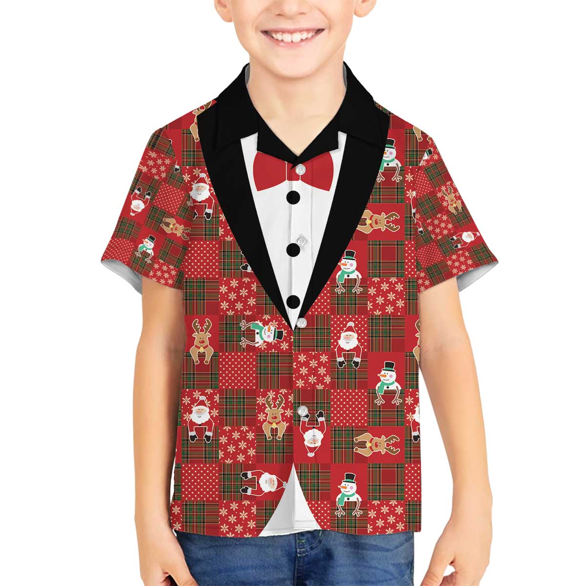 Christmas Patchwork Fake Tuxedo Family Matching Off The Shoulder Long Sleeve Dress and Hawaiian Shirt Santa and Reindeer Red Plaid Style - Wonder Print Shop