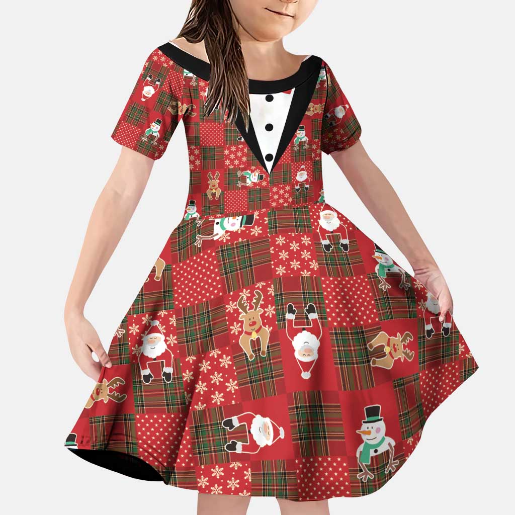 Christmas Patchwork Fake Tuxedo Family Matching Off Shoulder Maxi Dress and Hawaiian Shirt Santa and Reindeer Red Plaid Style - Wonder Print Shop