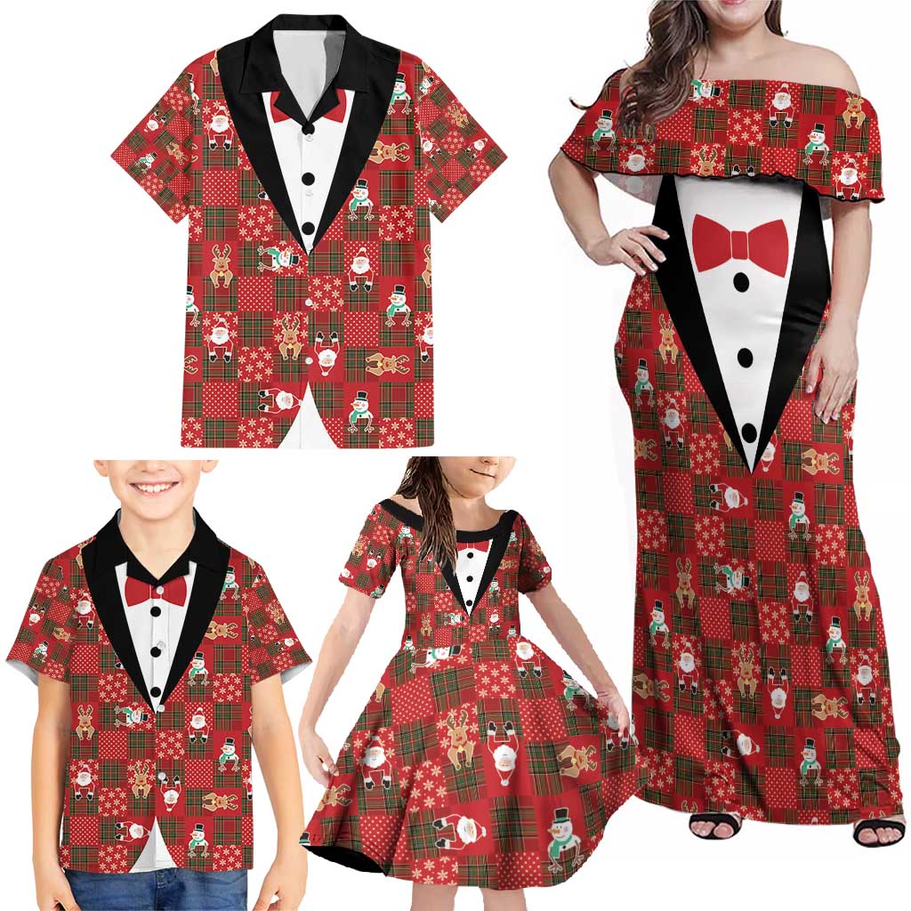 Christmas Patchwork Fake Tuxedo Family Matching Off Shoulder Maxi Dress and Hawaiian Shirt Santa and Reindeer Red Plaid Style - Wonder Print Shop