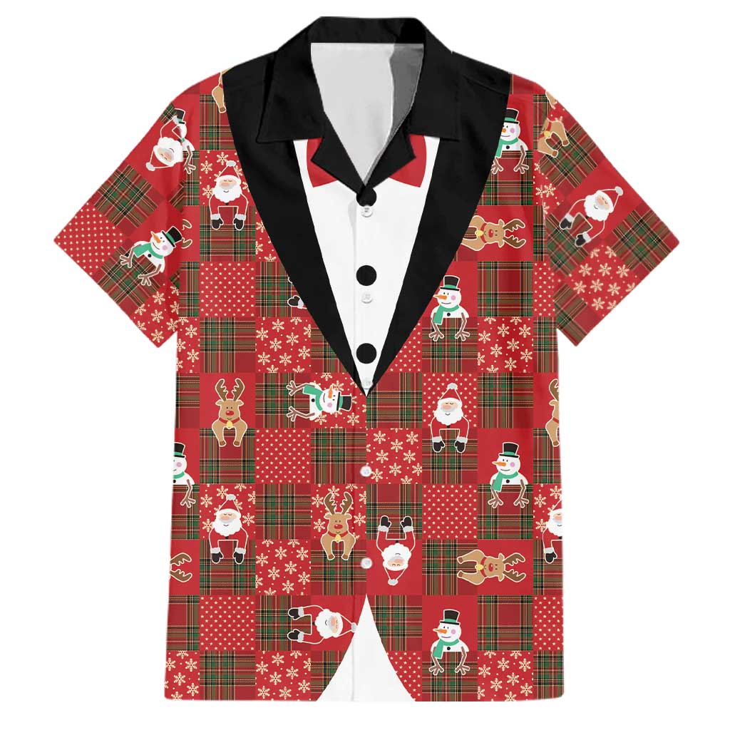Christmas Patchwork Fake Tuxedo Family Matching Off Shoulder Maxi Dress and Hawaiian Shirt Santa and Reindeer Red Plaid Style - Wonder Print Shop