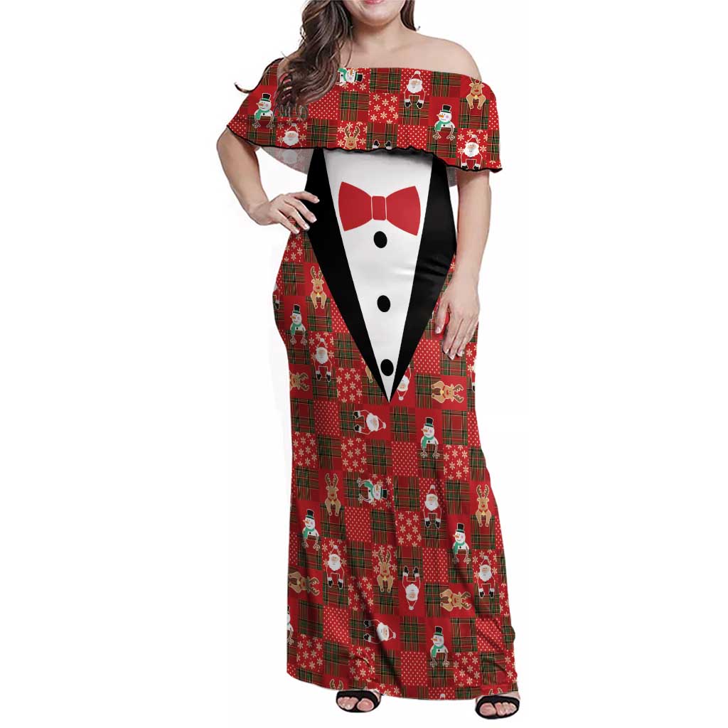 Christmas Patchwork Fake Tuxedo Family Matching Off Shoulder Maxi Dress and Hawaiian Shirt Santa and Reindeer Red Plaid Style - Wonder Print Shop