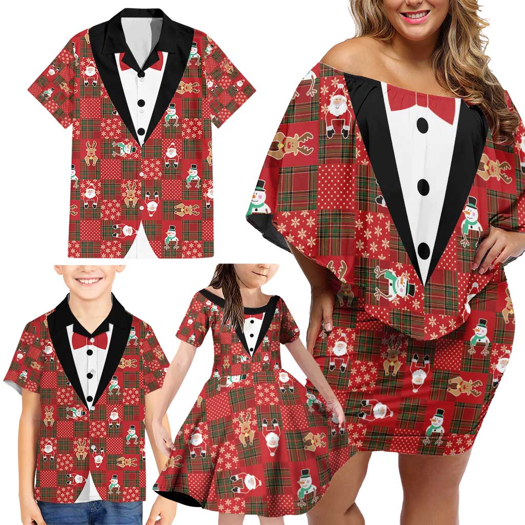 Christmas Patchwork Fake Tuxedo Family Matching Off Shoulder Short Dress and Hawaiian Shirt Santa and Reindeer Red Plaid Style - Wonder Print Shop