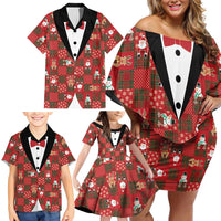 Christmas Patchwork Fake Tuxedo Family Matching Off Shoulder Short Dress and Hawaiian Shirt Santa and Reindeer Red Plaid Style - Wonder Print Shop