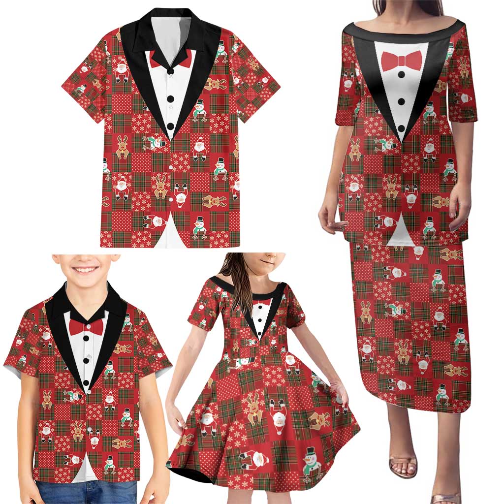 Christmas Patchwork Fake Tuxedo Family Matching Puletasi and Hawaiian Shirt Santa and Reindeer Red Plaid Style - Wonder Print Shop
