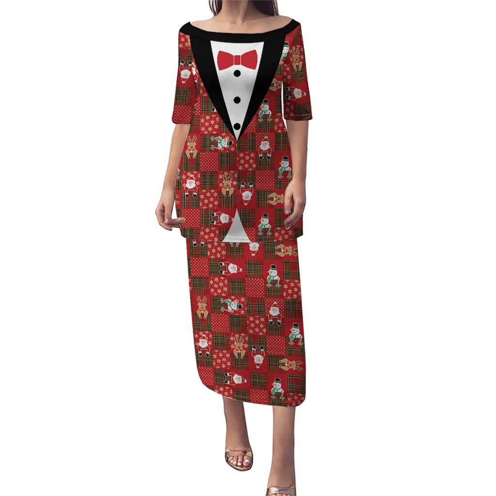 Christmas Patchwork Fake Tuxedo Family Matching Puletasi and Hawaiian Shirt Santa and Reindeer Red Plaid Style - Wonder Print Shop