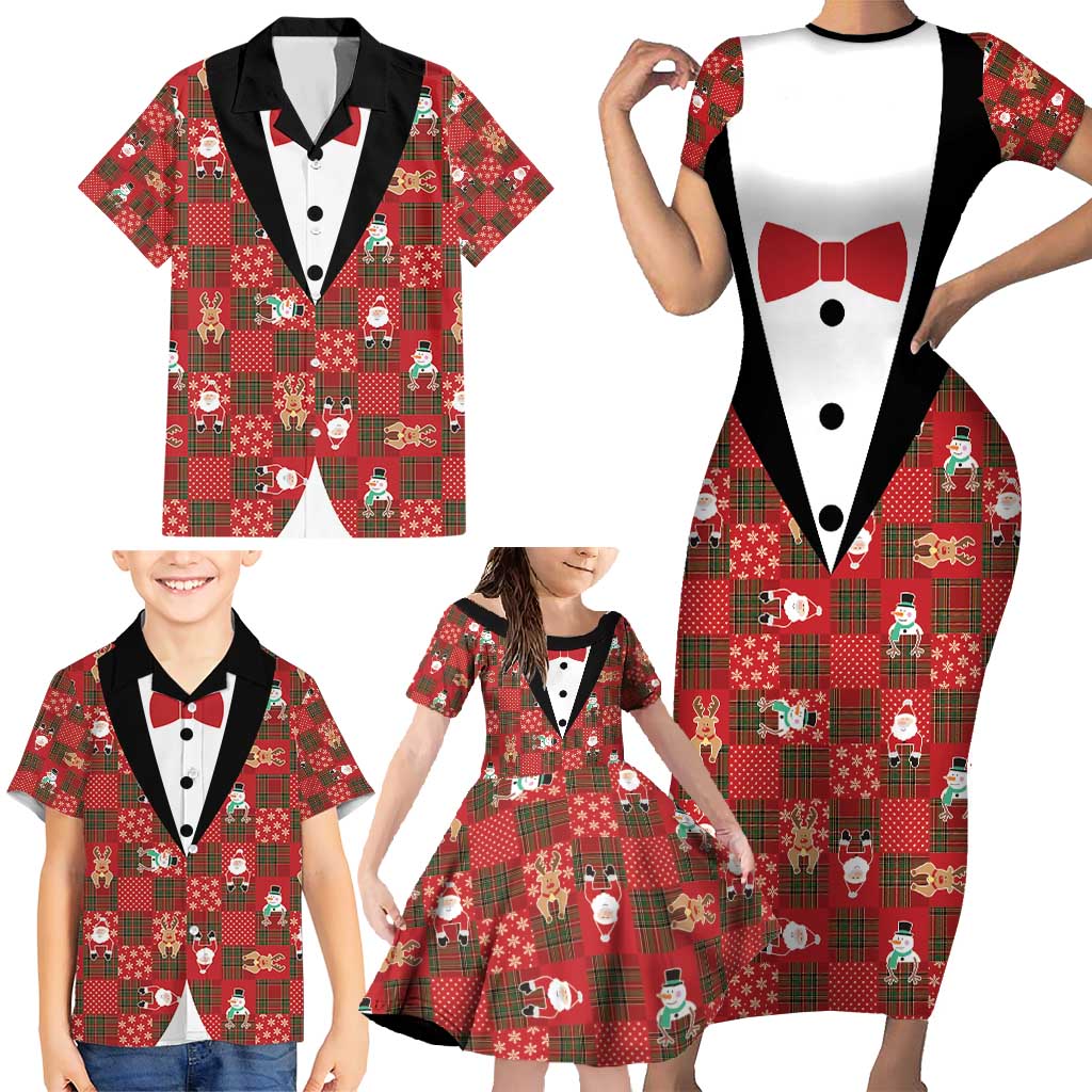 Christmas Patchwork Fake Tuxedo Family Matching Short Sleeve Bodycon Dress and Hawaiian Shirt Santa and Reindeer Red Plaid Style - Wonder Print Shop