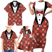 Christmas Patchwork Fake Tuxedo Family Matching Short Sleeve Bodycon Dress and Hawaiian Shirt Santa and Reindeer Red Plaid Style - Wonder Print Shop