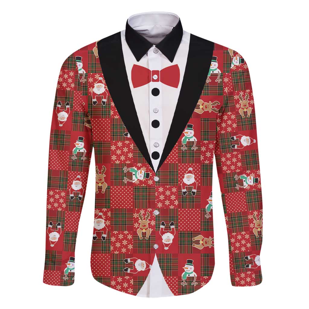 Christmas Patchwork Fake Tuxedo Family Matching Short Sleeve Bodycon Dress and Hawaiian Shirt Santa and Reindeer Red Plaid Style - Wonder Print Shop
