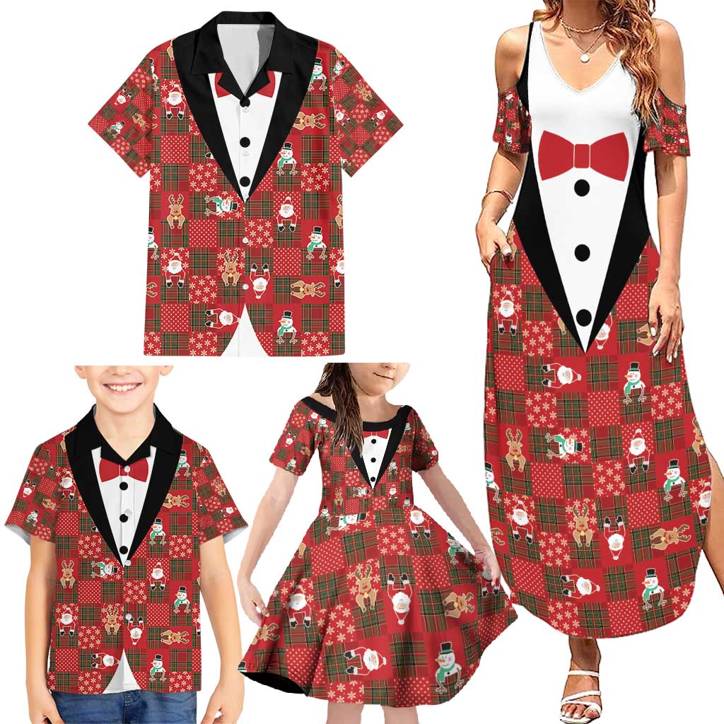 Christmas Patchwork Fake Tuxedo Family Matching Summer Maxi Dress and Hawaiian Shirt Santa and Reindeer Red Plaid Style - Wonder Print Shop