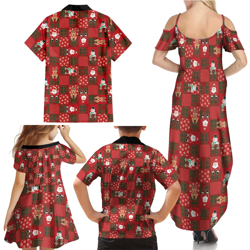 Christmas Patchwork Fake Tuxedo Family Matching Summer Maxi Dress and Hawaiian Shirt Santa and Reindeer Red Plaid Style - Wonder Print Shop