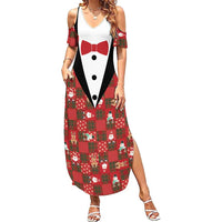 Christmas Patchwork Fake Tuxedo Family Matching Summer Maxi Dress and Hawaiian Shirt Santa and Reindeer Red Plaid Style - Wonder Print Shop